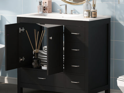Bathroom Vanity With Ceramic Sink Combo, Abundant Storage Cabinet 2 Soft Close Doors And 5 Drawers