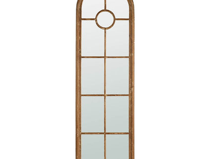 Half Round Elongated Mirror With Decorative Window Look Classic Architecture Style Solid Fir Wood Interior Decor - Brown