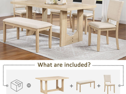 6 Piece Rectangular Kitchen Table Set With Bench And 4 Upholstered Chairs For Kitchen - Light Oak
