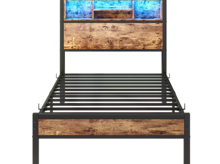 Modern Twin Size Metal Platform Bed Frame With Storage Headboard And Charging Station - Brown