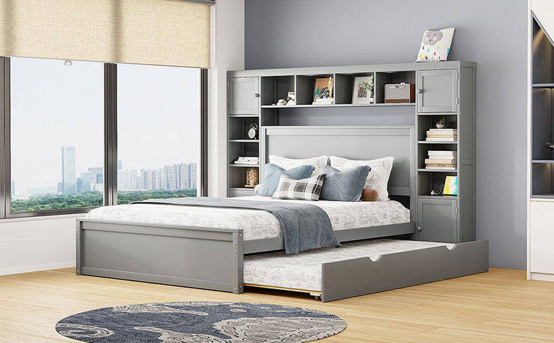 Bed With All In One Cabinet, Shelf And Sockets, Twin Long Trundle