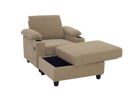 Accent Chair With Storage Ottoman, Reclining Single Chaise Lounge With Cupholders And USB, C Ports