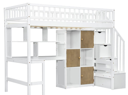 Loft Bed With Built In L Shaped Desk, LED Lights, Storage Shelves, Cabinets, And Staircase