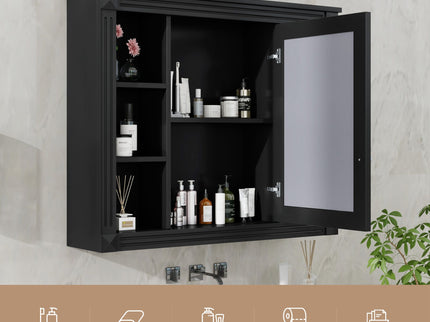 Wall-Mounted Bathroom Storage Cabinet With Mirror, 6 Open Shelves - Black