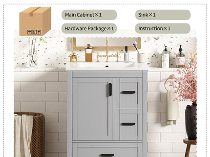 Bathroom Vanity With Sink, Soft Close Door, Double Layer Door Shelf And 3 Drawers - Gray