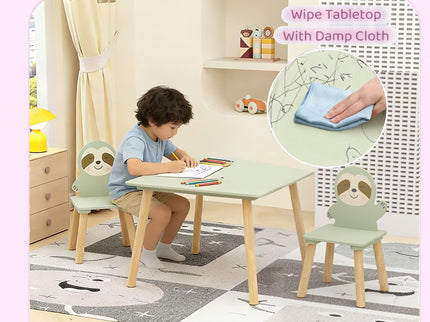 Sloth Themed Table And Chair Set With 2 Cute Animal Chairs - Natural Wood / Sage Green