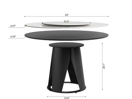 Modern Sintered Stone Dining Table With Round Turntable And Metal Pedestal - White