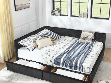Mid-Century Storage Upholstered Tufted Bed Frame With Backrest And Armrests