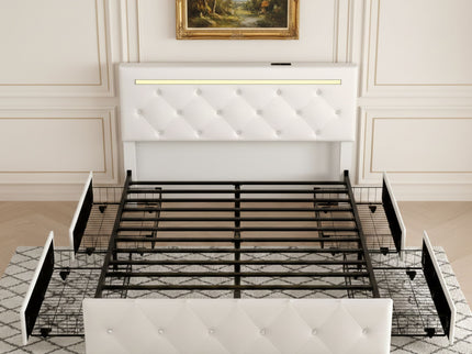 Upholstered Bed Frame With LED Lights, 4 Storage Drawers, Charging Station