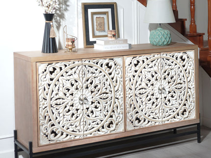 Carved 4 Door Cabinet, Storage Sideboard For Living Room - Multi