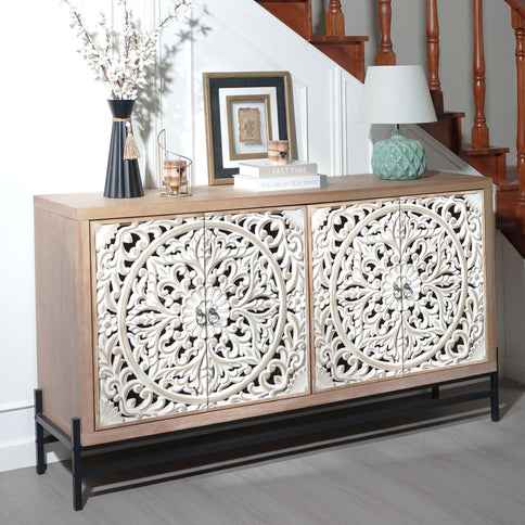 Carved 4 Door Cabinet, Storage Sideboard For Living Room - Multi