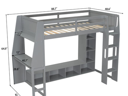 Gaming Loft Bed With Desk, Multi Storage Shelves, LED Lighting, And Hanging Clothes Rack