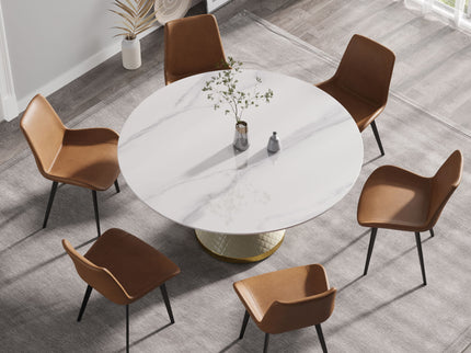 Modern Artificial Stone Round Carbon Steel Base Dining Table, Can Accommodate 6 People