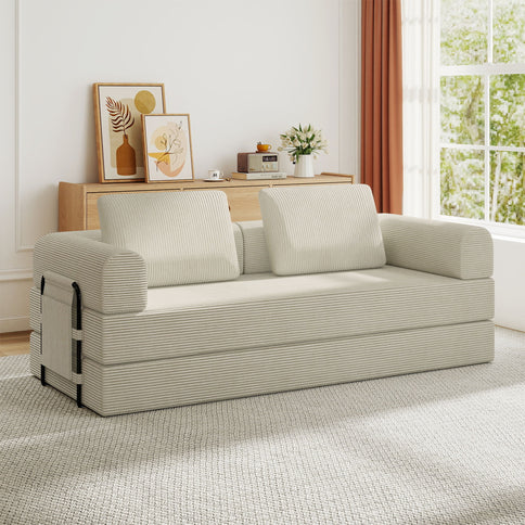 Convertible Sleeper Sofa Bed With Cylindrical Pillow, Fixed Shape Frame