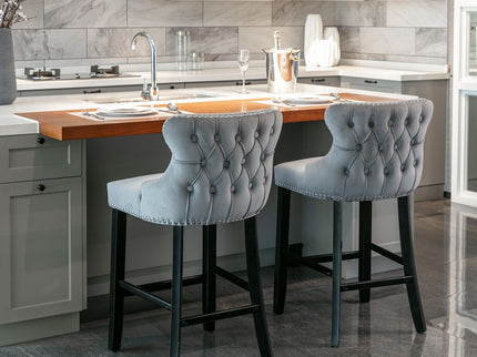 Contemporary Upholstered Wing-Back Barstools With Button Tufted Decoration And Wooden Legs, And Nailhead Trim, Leisure Style Bar Chairs, Bar Stools (Set of 2)