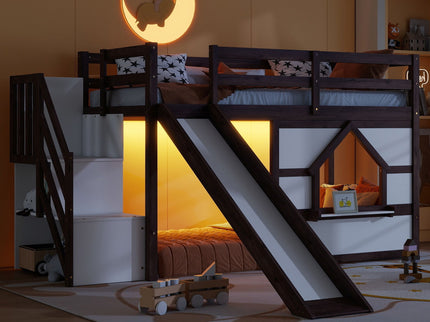 Loft Bed With Storage Stairs, Slide, Playhouse Window And 7 Colors LED Lights