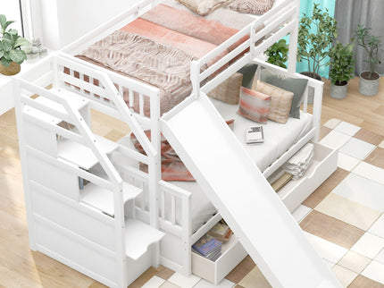 Bunk Bed With Storage Staircase, Slide, Desk, Drawers, And Shelves