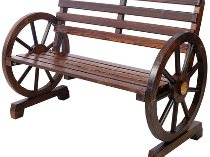 Rustic Country 2 Person Wooden Wagon Wheel Bench With Slatted Seat And Backrest - Brown
