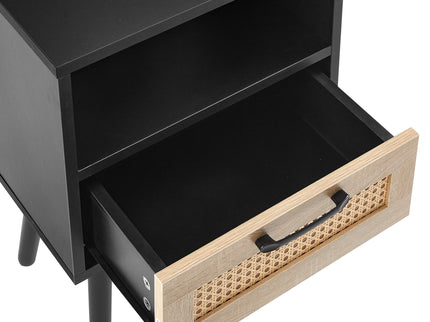 15.75" Rattan End Table With Power Outlet & USB Ports, Modern Nightstand With Drawer And Solid Wood Legs, Side Table For Living Room, Bedroom