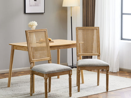 French Country Dining Chair With Rectangular Cane Backrest And Smooth Upholstered Seating