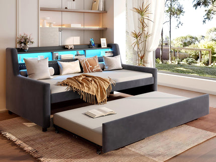 Twin Size Daybed With Trundle With LED Light ＆ Charging Station - Dark Gray