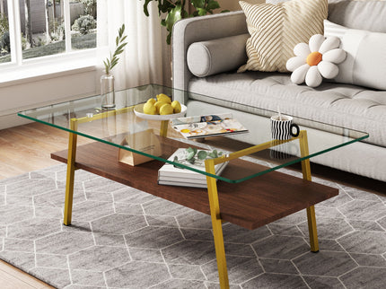Rectangle Coffee Table, Tempered Glass Tabletop With Metal Legs, Modern Table For Living Room