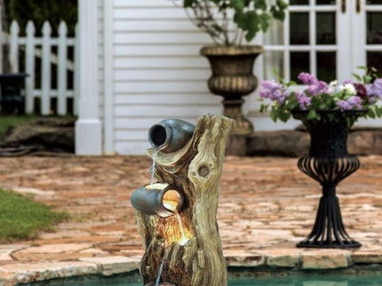 Decorative 3 Tier Tree Trunk Fountain With Lights And Pump - Brown