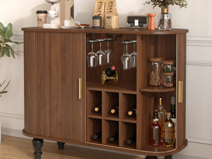 Fluted Liquor & Coffee Bar Cabinet With 6 Wine Racks And 3 Glass Holders