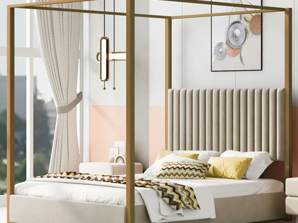 Upholstered Canopy Platform Bed With Frame, Queen Size - Beige