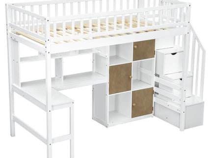 Loft Bed With Built In L Shaped Desk, LED Lights, Storage Shelves, Cabinets, And Staircase