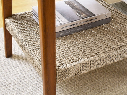 Mid - Century Square Side Table With Woven Shelf - Walnut