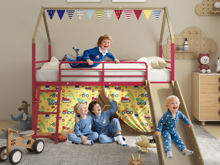 Jack - House Loft Bed With Slide And Curtain Set