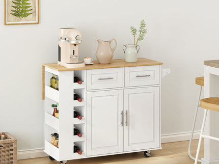 Kitchen Island Cart With 2 Door Cabinet, 2 Drawers, Spice Rack, Towel Holder, Wine Rack, And Foldable Top - White