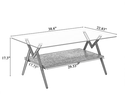 Rectangle Coffee Table With Tempered Glass Top And Shelf, Modern Table For Living Room