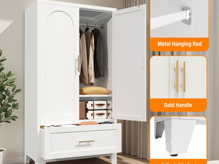 Wardrobe Cabinet With 1 Drawer And Hanging Rod, 2 Doors Closet With Shelf For Bedroom - White