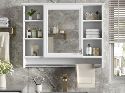 Modern Wall Mounted Mirror Cabinet With Adjustable Shelf, Soft Close Door, And Towel Bar