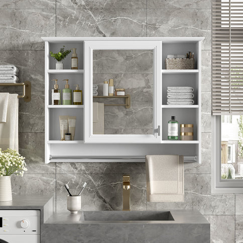 Modern Wall Mounted Mirror Cabinet With Adjustable Shelf, Soft Close Door, And Towel Bar