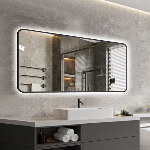 Wall Mirror With Rounded Corners, Temperature Display, Tri-Color Light, Defogging