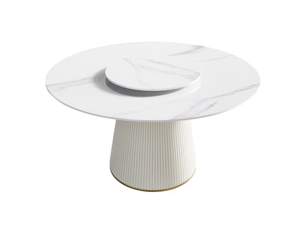 Modern Artificial Stone Round Plywood Base Dining Table, Can Accommodate 6 People, Artificial Stone Turntable (Not Including Chairs) - White / Beige