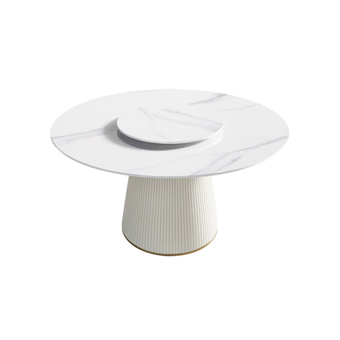 Modern Artificial Stone Round Plywood Base Dining Table, Can Accommodate 6 People, Artificial Stone Turntable (Not Including Chairs) - White / Beige