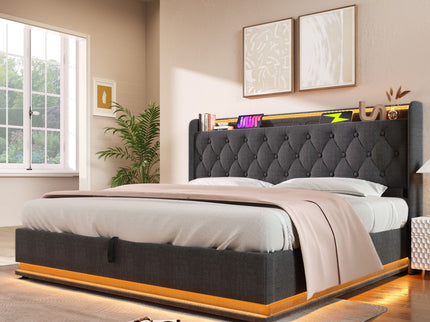 Upholstered Bed, 360 Surround LED Function, Remote Control, Hydraulic Storage Bed With USB, Type-C Charging (Without Mattress)