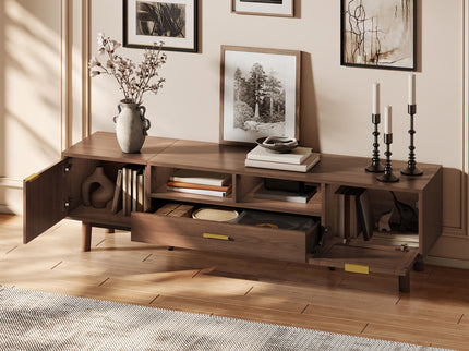 TV Stand For 75" TVs With Soft Closing Doors, Console With Accents And Drop Down Cabinet - Dark Brown