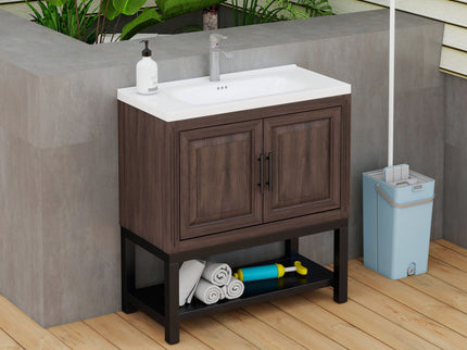 Modern Freestanding Bathroom Vanity With Ceramic Sink, Hot And Cold Faucet, Storage Cabinet & Open Shelf