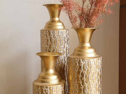 Metal Decorative Vases High Distress Metal Center Vases With Growing Vine Patterns, (Set of 3) Vases For Home Decoration - Gold
