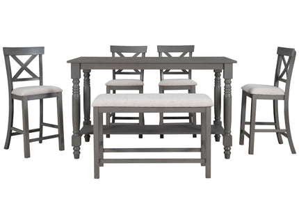 Counter Height Dining Set With Shelf, 4 Chairs And Bench