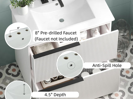 Fluted Bathroom Vanity With Ceramic Sink, Soft Close Slides