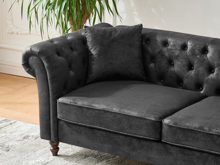 Chesterfield Sofa, High Tech Fabric Roll Armrest, 3 Seater Mid Century Modern Couch - Black