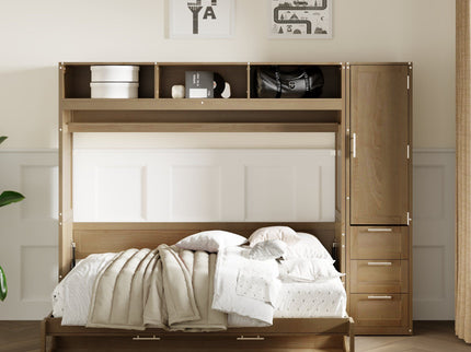 Full Size Murphy Bed With Wardrobe, Drawers, And Open Shelves - Wood