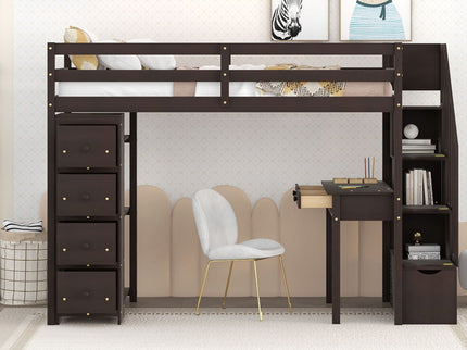 Loft Bed With Storage Drawers, Desk And Stairs With Shelves