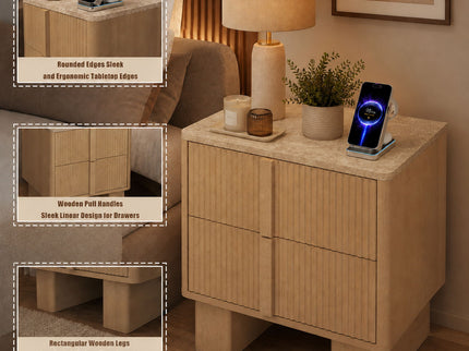 Nightstand With Charging Station And 2 Storage Drawers